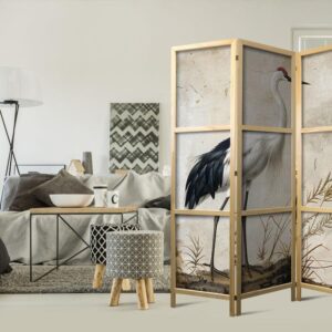 Parawan japoński - Ptaki ze starej ryciny - ilustracja w stylu vintage, przedstawiająca czaplę i żurawia