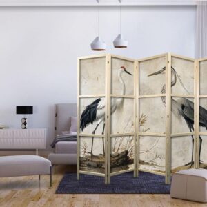 Parawan japoński - Ptaki ze starej ryciny - ilustracja w stylu vintage, przedstawiająca czaplę i żurawia