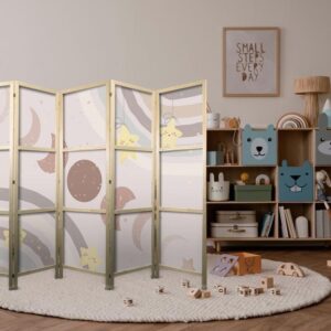 Parawan japoński - Radosne niebo - Żółte wesołe gwiazdki z tęczą na tle faz księżyca - na niebie w kolorystyce jasnego beżu