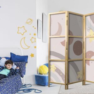 Parawan japoński - Radosne niebo - Żółte wesołe gwiazdki z tęczą na tle faz księżyca - na niebie w kolorystyce jasnego beżu