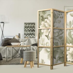 Parawan japoński - Retro vintage kwiaty w delikatnych kolorach kremowych i zielonych