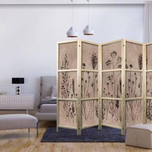 Parawan japoński - Roślinny vintage - delikatne polne kwiaty na tle w technice lime wash