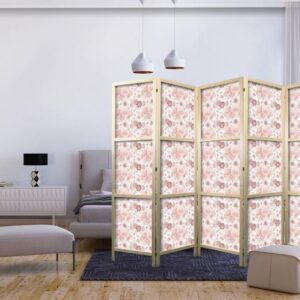 Parawan japoński - Różowe rozkwitanie - kwiaty w ciepłych kolorach na białym tle