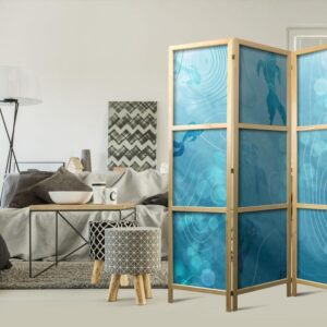 Parawan japoński - Rybki Koi pod taflą wody - Gromada japońskich ryb w głębinach stawu w odcieniach granatu i błękitu