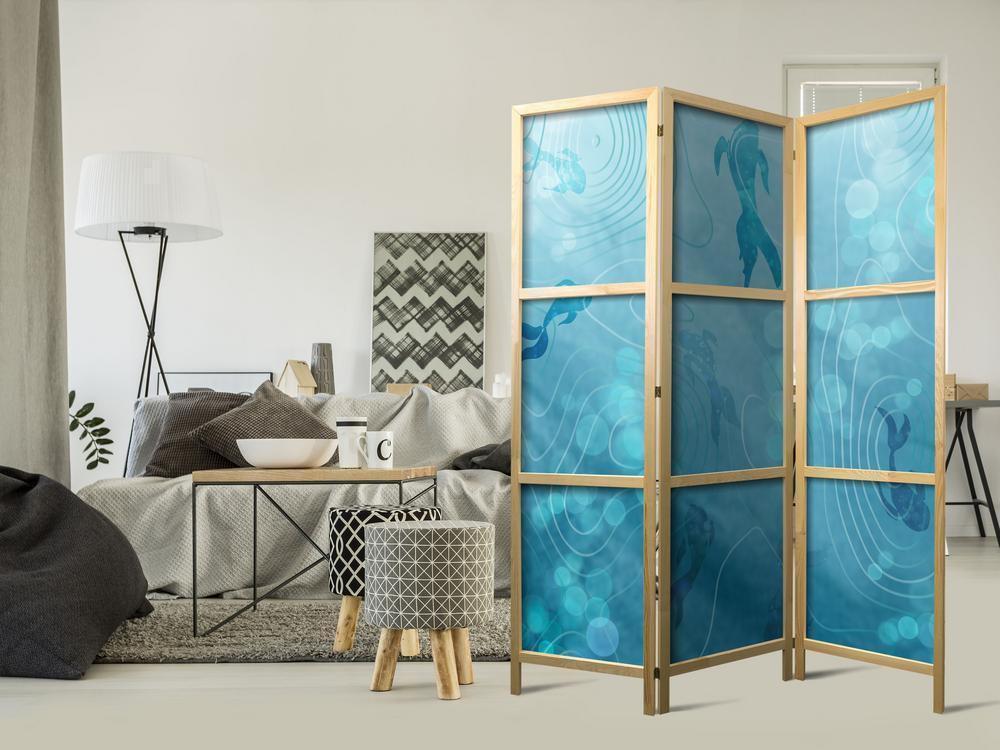 Parawan japoński - Rybki Koi pod taflą wody - Gromada japońskich ryb w głębinach stawu w odcieniach granatu i błękitu