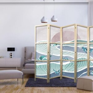 Parawan japoński - Rybki Koi wśród fal - Japońskie ryby pośród fal w odcieniach turkusu i bieli