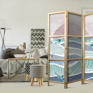 Parawan japoński - Rybki Koi wśród fal - Japońskie ryby pośród fal w odcieniach turkusu i bieli