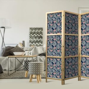 Parawan japoński - Rybki wśród liści - Barwne rybki Koi wśród ciemnozielonych lisci nenufarów na tafli granatowej wody