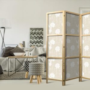 Parawan japoński - Ryby i lilie wodne - Jasne orientalne ryby pływające pośród kwiatów wodnych na delikatnym piaskowo-beżowym tle