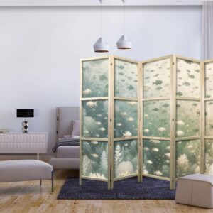 Parawan japoński - Ryby i różnorodna roślinność - Zgrupowanie ryb w pastelowych stłumionych barwach wśród oceanicznej roślinności