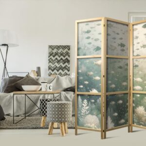 Parawan japoński - Ryby i różnorodna roślinność - Zgrupowanie ryb w pastelowych stłumionych barwach wśród oceanicznej roślinności