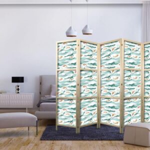 Parawan japoński - Ryby wyskakujące ponad fale - Orientalne ryby i lilie wodne wśród wysokich fal w barwach morskiej zieleni