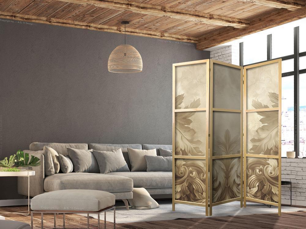 Parawan japoński - Rzeźbione ornamenty barokowe - bogata kompozycja w kolorach sepii