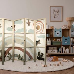 Parawan japoński - Słońce ponad tęczą - Ptaki w stonowanej kolorystyce - latające wśród chmur ponad tęczą i roślinnością na jasno-beżowym tle