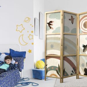 Parawan japoński - Słońce ponad tęczą - Ptaki w stonowanej kolorystyce - latające wśród chmur ponad tęczą i roślinnością na jasno-beżowym tle