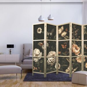 Parawan japoński - Tajemniczy ogród - motyle latające nad kwiatami - rustykalny wieczór