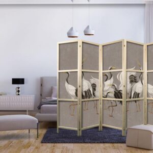 Parawan japoński - Taniec żurawi - jasne sylwetki ptaków na ciepło-szarym tle z fakturą