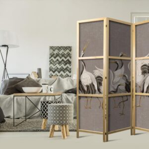 Parawan japoński - Taniec żurawi - jasne sylwetki ptaków na ciepło-szarym tle z fakturą