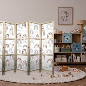 Parawan japoński - Tęcze i chmury - Tęcze rozmaitych wielkości w stonowanej kolorystyce pośród deszczowych chmur w odcieniu blado-niebieskim