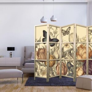 Parawan japoński - Tulipany w kremie - ilustracja kwiatów i motyli na jasnym tle