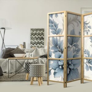 Parawan japoński - Turkusowe kwiaty w retro klimacie - florystyczne ornamenty