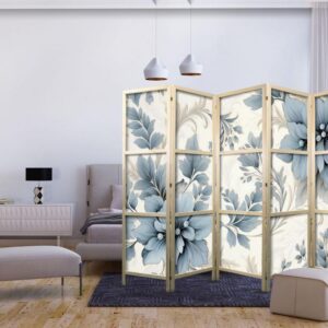 Parawan japoński - Turkusowe kwiaty w retro klimacie - florystyczne ornamenty