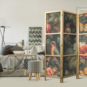 Parawan japoński - W ogrodzie botanicznym - kwiaty ptaki i motyle - barwna ilustracja