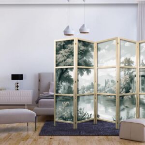 Parawan japoński - Widok na park i jezioro - retro vintage pejzaż w zieleniach