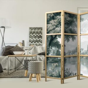 Parawan japoński - Widok na park i jezioro - retro vintage pejzaż w zieleniach