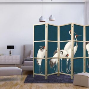 Parawan japoński - Wieczór nad stawem - grupa żurawi narysowana suchą pastelą, na ciemno-turkusowym tle