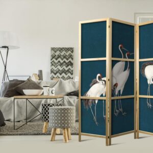 Parawan japoński - Wieczór nad stawem - grupa żurawi narysowana suchą pastelą, na ciemno-turkusowym tle