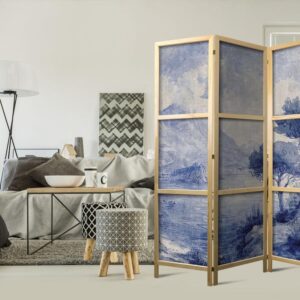 Parawan japoński - Włoski krajobraz - Jezioro Como malowane tuszem w odcieniach błękitu