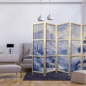 Parawan japoński - Włoski krajobraz - Jezioro Como malowane tuszem w odcieniach błękitu