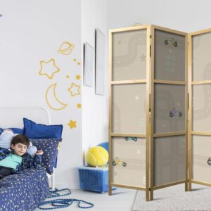 Parawan japoński - Wyścig - kolorowe autka na drodze na beżowym tle w gwiazdki