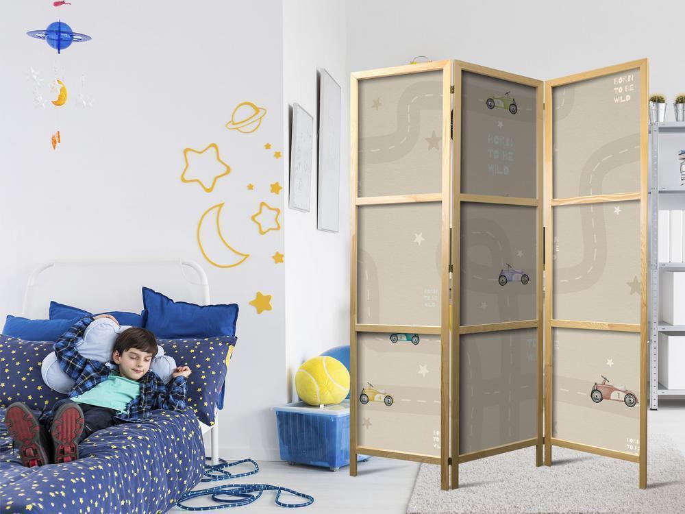 Parawan japoński - Wyścig - kolorowe autka na drodze na beżowym tle w gwiazdki