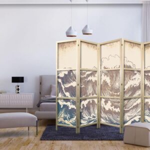 Parawan japoński - Wzburzony ocean - Wysokie fale w kolorystyce brązu i granatu na beżowym tle w stylistyce vintage