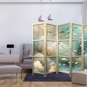 Parawan japoński - Zjawiskowy podwodny krajobraz - Ryby w podwodnym świecie w kolorach turkusu błękitu beżu i delikatnego pomarańczowego