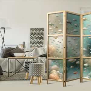 Parawan japoński - Zjawiskowy podwodny krajobraz - Ryby w podwodnym świecie w kolorach turkusu błękitu beżu i delikatnego pomarańczowego