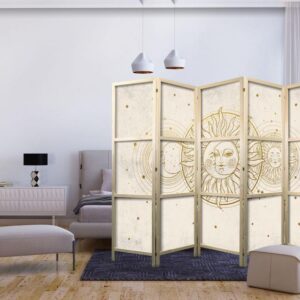 Parawan japoński - Złote Słońce i Księżyc - artystyczna ilustracja w stylu retro