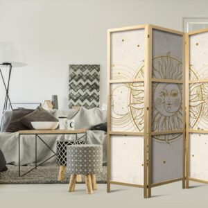 Parawan japoński - Złote Słońce i Księżyc - artystyczna ilustracja w stylu retro