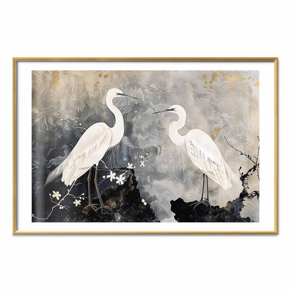 Plakat - Czaple i kwiat wiśni - ilustracja w orientalnym stylu przedstawiająca ptaki