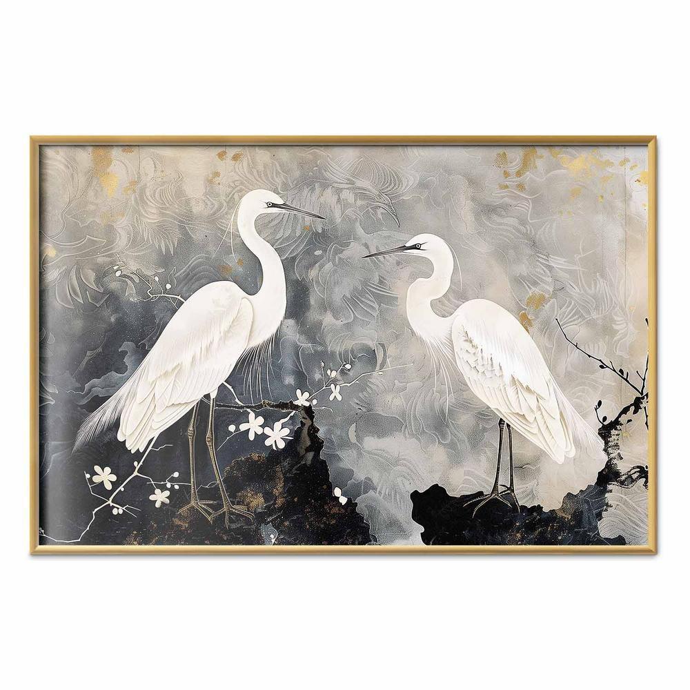Plakat - Czaple i kwiat wiśni - ilustracja w orientalnym stylu przedstawiająca ptaki