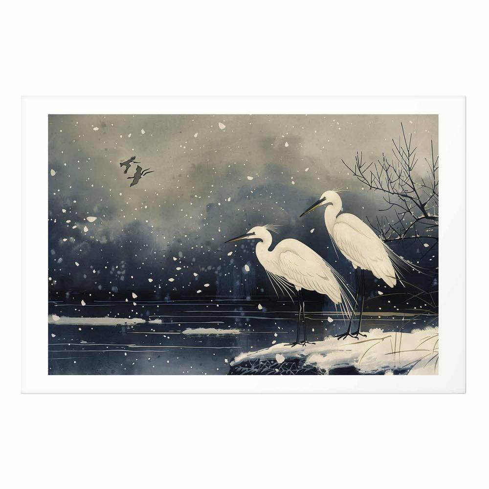 Plakat - Czaple nad zimowym stawem - ilustracja w stylu japońskiego w ciemnej kolorystyce