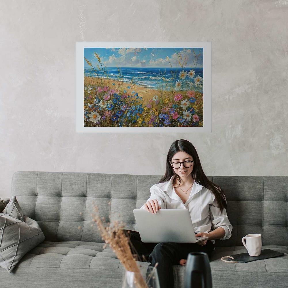 Plakat - Morski krajobraz - polne kwiaty i widok na wzburzone morze