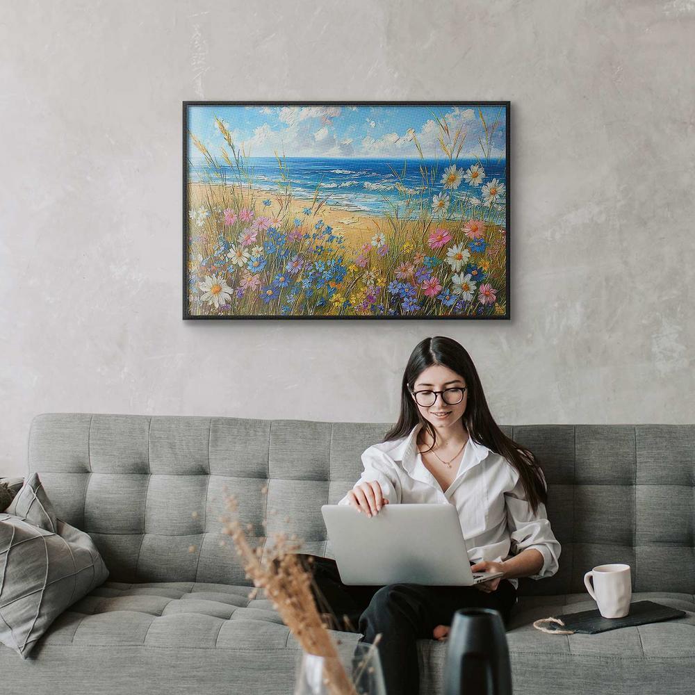 Plakat - Morski krajobraz - polne kwiaty i widok na wzburzone morze