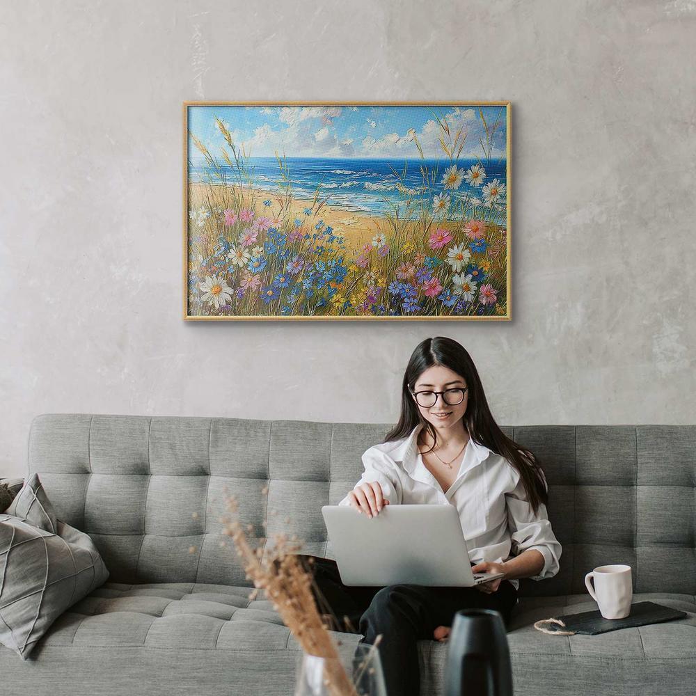 Plakat - Morski krajobraz - polne kwiaty i widok na wzburzone morze