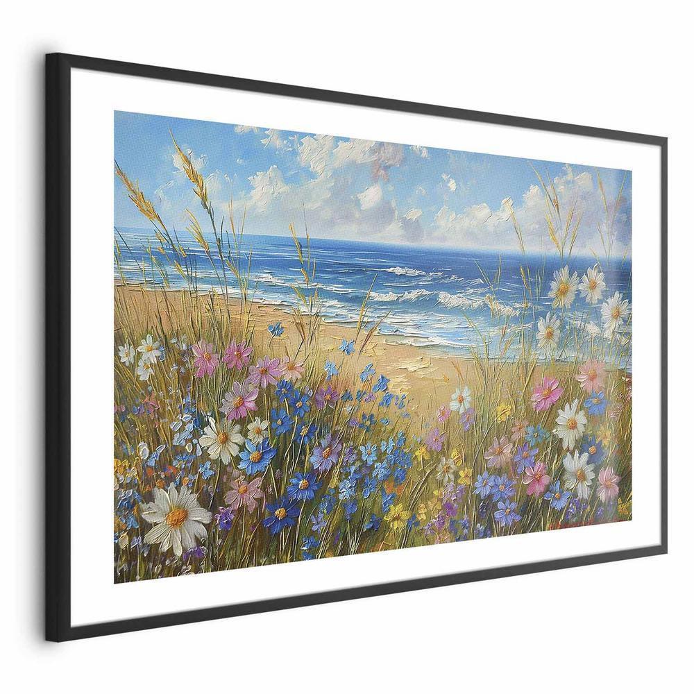 Plakat - Morski krajobraz - polne kwiaty i widok na wzburzone morze