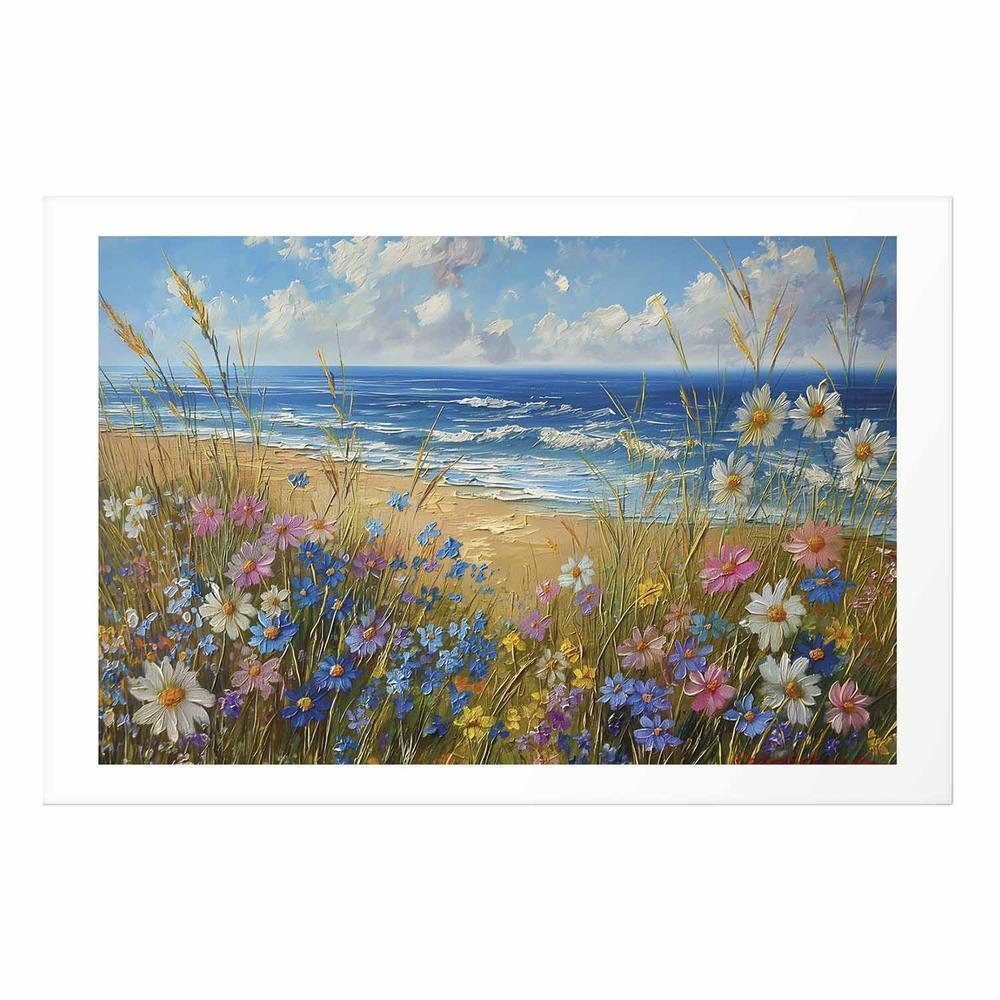 Plakat - Morski krajobraz - polne kwiaty i widok na wzburzone morze