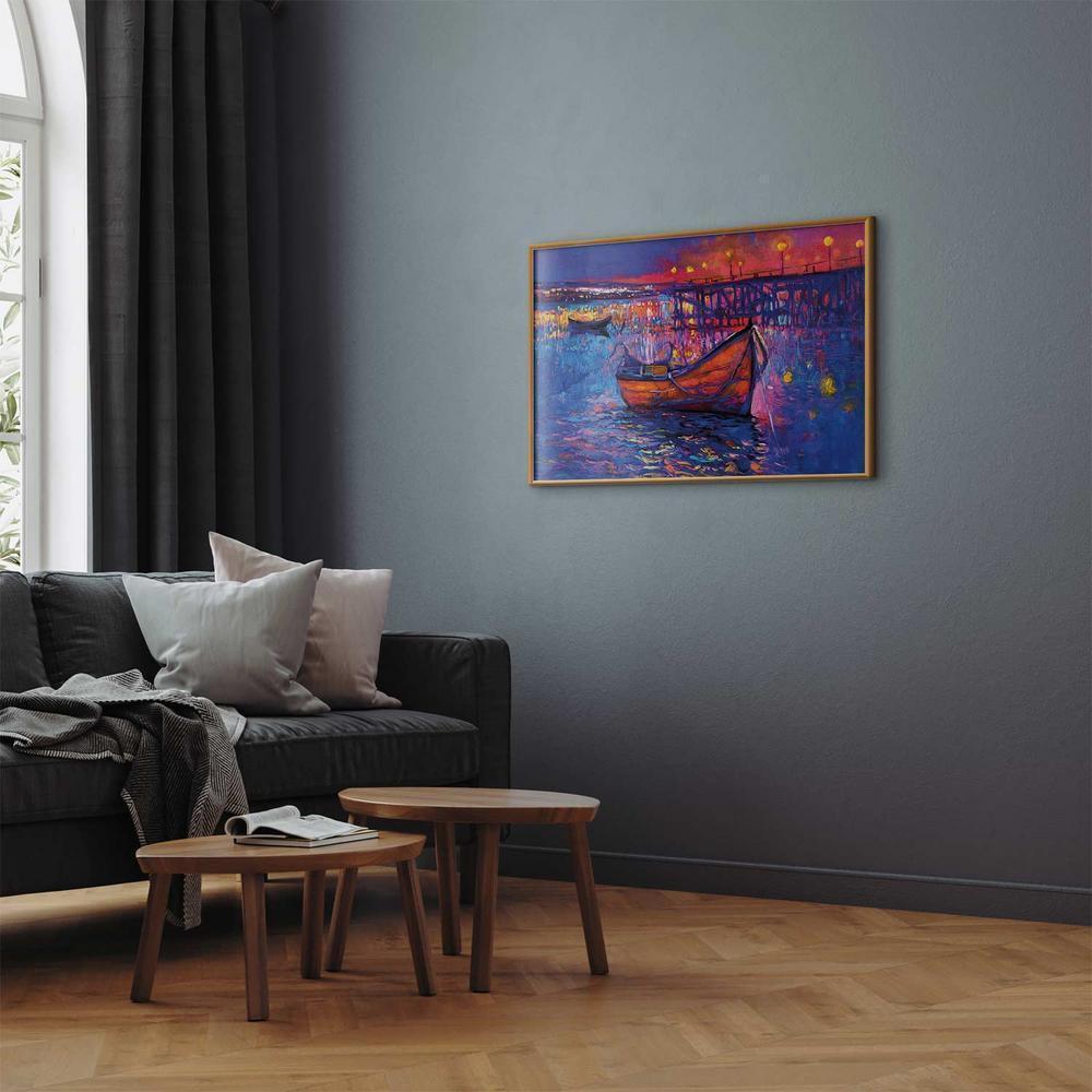 Plakat - Nowoczesny impresjonizm - nocny krajobraz jeziora z pływającą łódką