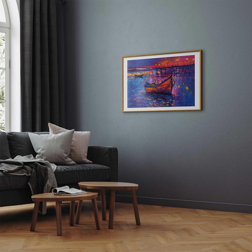 Plakat - Nowoczesny impresjonizm - nocny krajobraz jeziora z pływającą łódką